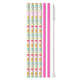 The Cookie Jar Straw Set by Western Edge Boutique includes a vibrant collection of decorative straws, featuring four with a floral design and two in plain pink, ideal for your favorite tumbler. It also comes with a cleaning brush, designed with a metal handle and white bristles.