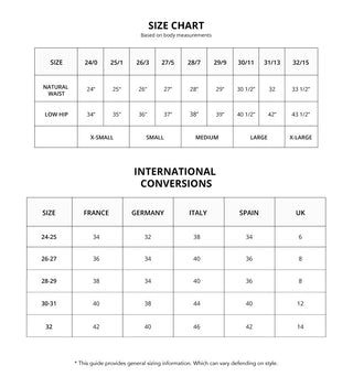 A size chart detailing measurements for the Livvy Dark Mauve Distressed Vintage Crop Flare Jeans by VERVET by Flying Monkey. Sizes range from 24/0 to 32/15 with corresponding natural waist and low hip measurements in inches. The chart includes listings for X-Small, Small, Medium, Large, and X-Large sizes. Additionally, it features an international size conversion table for France, Germany, Italy, Spain, and the UK.
