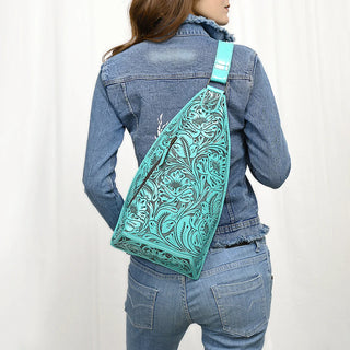 Turquoise leather texture backpack with  floral print leather finishes - side sling