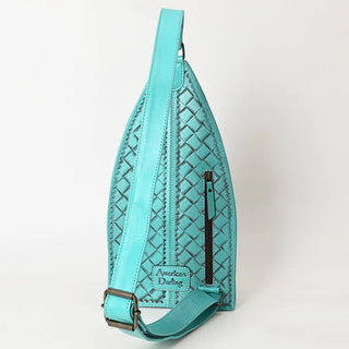 Turquoise leather texture backpack with  floral print leather finishes - side sling