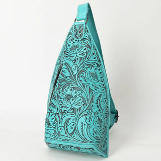 Turquoise leather texture backpack with  floral print leather finishes - side sling