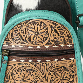 Turquoise leather texture backpack with buck skin and textured caramel floral print leather finishes