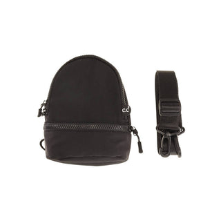 A compact black fabric pouch with a zipper closure next to a detachable black shoulder strap featuring a metal clasp, the versatile Mini Sling C.C Bag by C.C Beanie has a simple design and a clip attachment. Perfect for carrying small essentials, it's ideal for on-the-go convenience.