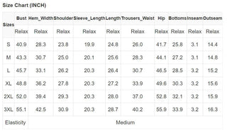 Size chart (INCH) for various clothing measurements across sizes S, M, L, XL, 2XL, 3XL. Parameters include Bust, Hem Width, Shoulder, Sleeve Length, Length, Trousers Waist, Hip, Bottoms, Inseam and Outseam. Elasticity is noted as Medium. Perfect for pairing with the Lovesoft Wells 2 Piece Leopard Loungeseat.