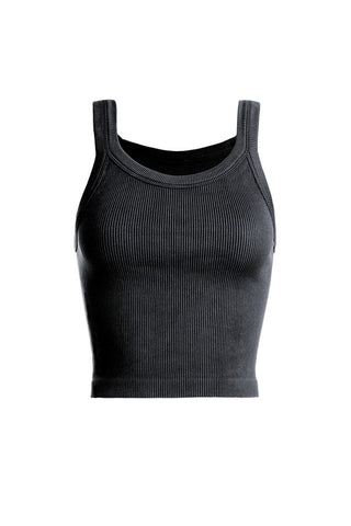 The Washed Out Thick Rib Crop Tank by DYNAMIC is showcased against a white background. This fitted, ribbed black tank top features wide shoulder straps and a round neckline, made from stretchy, form-fitting material that ensures comfortable wear, making it perfect for both casual and athletic activities.