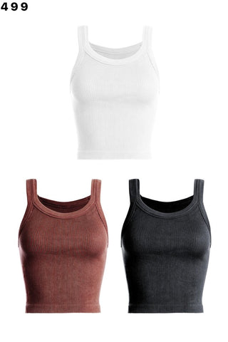 An image displaying three DYNAMIC "Washed Out Thick Rib Crop Tanks" in different colors arranged vertically. At the top is a white tank, in the middle is a brown tank, and at the bottom is a black tank. Each comfy ribbed tank features thick material, a high neckline, and thick straps.