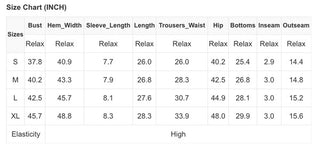 A size chart for the Laddi Leopard Lounge Set by Western Edge Boutique displays measurements in inches for sizes S, M, L, and XL across various categories: Bust, Hem Width, Sleeve Length, Length, Trousers Waist, Hip, Bottoms, Inseam, and Outseam. This stylish and comfortable set indicates a "Relax" fit for most categories and features "High" elasticity.