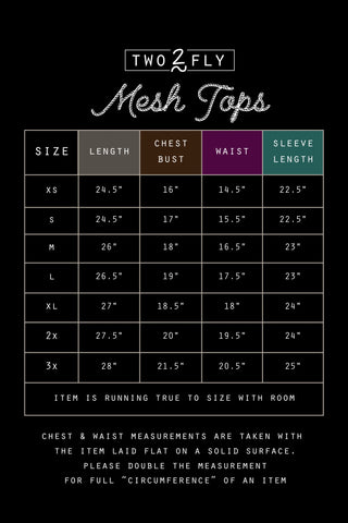 A size chart for "High Rank Black Mesh Top" from Western Edge Boutique, perfect for a rodeo night outfit, displaying sizes from XS to 3X. It includes measurements in inches for length, chest/bust, waist, and sleeve length. A note at the bottom advises doubling measurements for full circumference. The chart features a black background with white text.