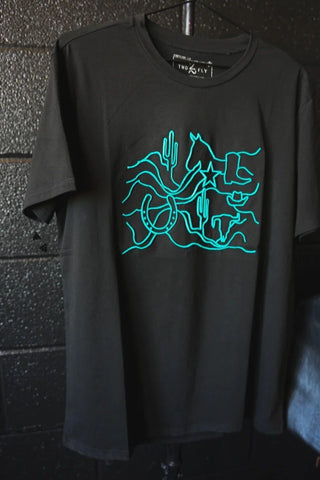 Black SS tee with western flair in turquoise