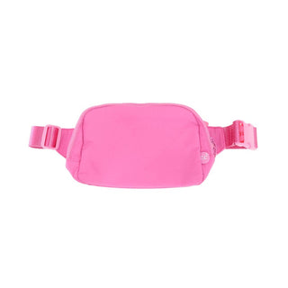 Introducing the Large C.C Fanny Pack by C.C Beanie: A bright pink waist bag, also known as a fanny pack, featuring a front zipper compartment and an adjustable strap. Perfect for on-the-go essentials and hands-free travel, this stylish accessory keeps your small items secure while you tackle your day.