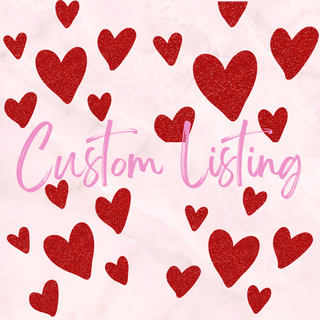 A soft pink marble backdrop with red glitter hearts and "Custom Order Dalena" in pink script at the center. The cozy texture from Western Edge Boutique makes it ideal for personalized items.