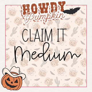 The festive graphic features a white background with the phrase "Howdy Pumpkin" at the top alongside a bat. At the center, "Custom Listing Medium" is displayed over a backdrop of cacti and pumpkins. In the bottom left corner, there's a smiling pumpkin wearing a cowboy hat. This charming design is brought to you by Western Edge Boutique.