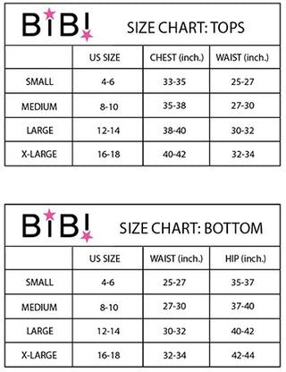 The image displays two size charts for the “BiBi” clothing brand with adjustable shoulder straps. The first chart pertains to tops and lists US Size, Chest (inches), and Waist (inches). The second chart, ideal for vintage washed corduroy items such as the Jagger Leopard Corduroy Overalls, includes US Size, Waist (inches), and Hip (inches). Sizes range from Small.