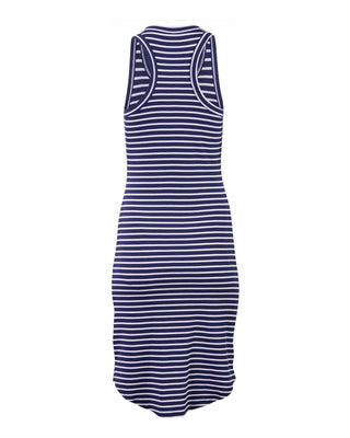 The Plackett Razor Back Ribbed Dress from Western Edge Boutique is showcased on a plain white background. It features a sleeveless design with navy blue and white stripes, a ribbed neck, and racerback style, crafted from soft cotton/spandex for ultimate comfort.