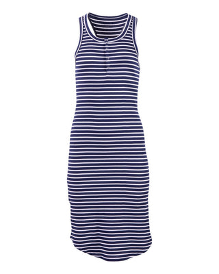 The Plackett Razor Back Ribbed Dress by Western Edge Boutique is a sleeveless navy blue and white striped dress featuring a ribbed neck and button details on the front. Crafted from a comfortable cotton/spandex blend, this knee-length dress offers a casual, fitted design ideal for everyday wear.