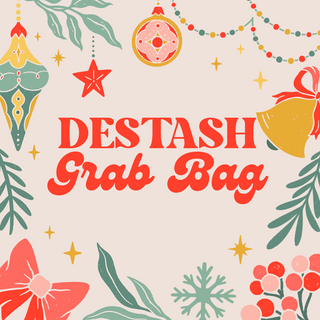 A festive illustration features the text "Destash Grab Bags" from Western Edge Boutique, surrounded by holiday-themed ornaments, stars, leaves, and berries in vibrant red, green, and gold on a light background.