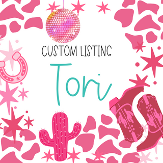 A decorative image featuring the text "Custom Listing Tori" in vibrant colors at the center, showcasing an array of pink-themed items from Western Edge Boutique. Surrounding the text are elements like cowgirl boots, a disco ball, stars, horseshoes, and an Aztec-patterned cactus, all beautifully arranged against a backdrop of pink and white patterns.