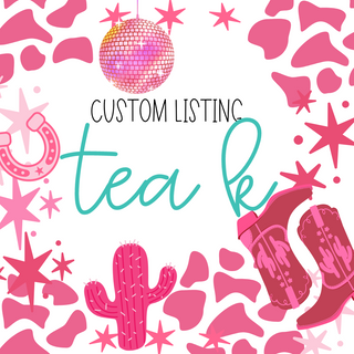 A vibrant and colorful image showcases cowgirl-themed illustrations along with the text "Custom Listing Tea" in a playful font. Surrounding the text are charming motifs of a pink disco ball, a horseshoe, stars, a cowboy boot, and a cactus—all set against an eye-catching background of pink cow print and star patterns. Completing the ensemble is an elegant sweater from Western Edge Boutique.