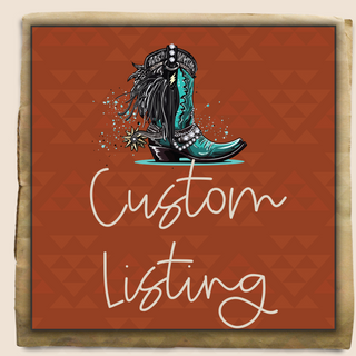 A turquoise cowboy boot with fringe and decorative spur is illustrated on a textured red background with geometric patterns. The text "Custom Listing Frances" appears in cursive with aged paper edges. Ideal match for $30 jeans; shipping included via Western Edge Boutique.