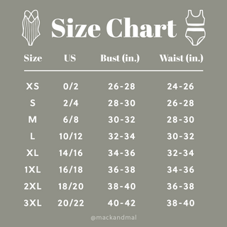 A gray size chart for women's clothing, displaying sizes from XS to 3XL. Columns include US sizes, bust measurements (26-52 inches), and waist measurements (24-52 inches). The chart features an illustration of the Catching Waves Bikini Swim Top in Blue, Bright Pink, and Orange with adjustable straps and removable padding. Follow @mackandmai on Instagram for more updates.