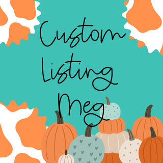 A vibrant design boasts a teal background adorned with orange and white cow patterns. The playful black script reads "Custom Order Meg," adding a personal touch from Western Edge Boutique. Below the text, an assortment of pumpkins in festive shades of orange, teal, and white enhances the fall theme—ideal for giving your makeup bag a seasonal upgrade.
