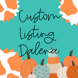 A vibrant turquoise background adorned with orange and white abstract shapes serves as the backdrop for the hand-written text "Custom Order Dalena" by Western Edge Boutique. Beneath this, an assortment of pumpkins in hues of orange, teal, and cream with various patterns are gathered together freshly created.