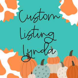 A decorative image showcases an assortment of pumpkins at the bottom, each adorned with unique colors and patterns. The background is a soothing teal decorated with orange and white abstract spots. Centered in a handwritten-style font, the text reads "Custom Order Lynda," making it an ideal design for a cozy sweatshirt by Western Edge Boutique.