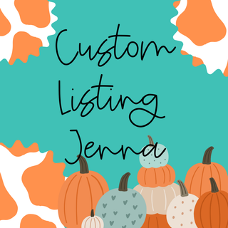 Illustration with a teal background, an orange and white pattern, and a variety of pumpkins at the bottom. The text in the center reads "Custom order Jenna," by Western Edge Boutique - perfect for sprucing up your car's interior or pairing with your favorite tee.