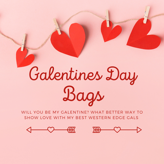 A pink backdrop with red paper hearts clipped to a twine. The text reads "GALENTINE’S BAGS Giveaway" with the message, "Will you be my galentine? A perfect way to show love to my Western Edge Boutique besties." Arrows and heart designs below add decoration.