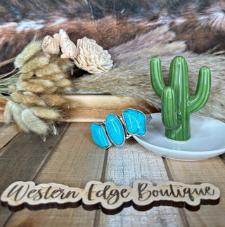 A display featuring a pair of turquoise gemstone rings on a wooden surface, accompanied by a small green ceramic cactus and rustic dried flowers in the background. A Jensyn Turquoise Stone Cuff Bracelet adds charm, while the text "Western Edge Boutique" is visible on a wooden sign in the foreground.