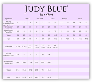 A purple and white size chart for the Townes High Waisted Tummy Control Judy Blue Flares from Western Edge Boutique. The chart displays alpha sizes (0-3X), USA women's denim sizes, USA women's pants sizes, waist measurements (in inches), hip measurements (in inches), and a size guide (S-2XL) for various categories including young contemporary and plus, with High Waisted options.