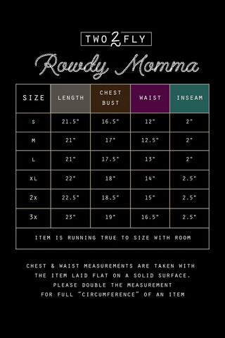 A size chart for the "Rowdy Mama Swim Romper" by 2 Fly, featuring columns for size (S to 3X), length, chest/bust, waist, and inseam measurements in inches. Note: the item runs true to size with room. Measure chest and waist with the garment laid flat and double for circumference. Enjoy ultimate mom swim comfort with modest coverage.