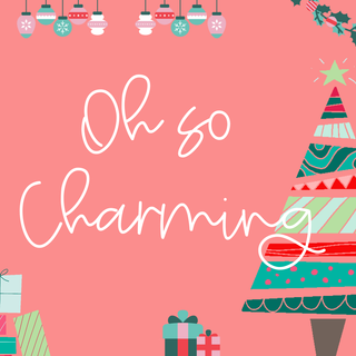 Festive illustration featuring "Oh So Charming" by Western Edge Boutique on a pink background, highlighting a stylized Christmas tree, gift boxes, baubles, holly decorations, and a touch of charm selection magic.