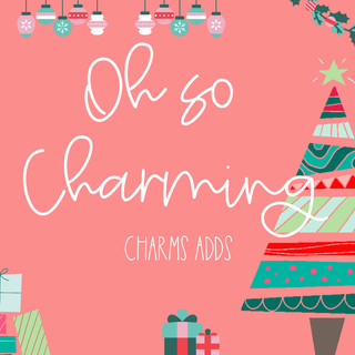 Featuring a festive holiday design, the "Charm Add Ons" by Western Edge Boutique showcases the text "Oh so Charming" in white. This delightful product is adorned with a decorated Christmas tree, ornaments, holly, and gift boxes on a pink background, truly capturing its charming essence.