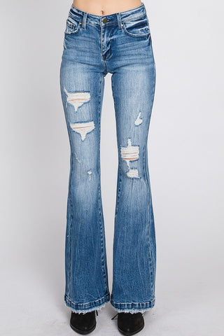 Audrey Distressed Mid Rise Stretch Flare Jean