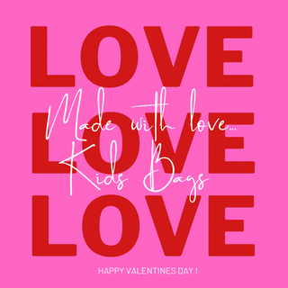 The design features bold red "LOVE" repeated vertically on a pink background, with cursive text stating "Valentine’s Kids Bags by Western Edge Boutique," and "HAPPY VALENTINES DAY!" at the bottom.