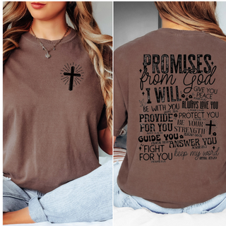 A woman dons Western Edge Boutique's Promises from God Graphic Tee, featuring a front cross and an inspiring text design on the back that highlights "God's promises: I will give you peace, be with you, provide, protect, be your strength, guide you, answer you, fight for you.