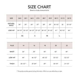 A size chart displaying measurements for the Cove Melon Distressed Vintage Crop Flare Jeans by VERVET by Flying Monkey. Standard sizes (24/0 to 32/15) include natural waist, low hip, and corresponding XS-L sizes. Plus sizes (18 to 22) list waist and low hip measurements. Ideal for high waisted jeans or vintage denim. A disclaimer notes that sizing may vary.