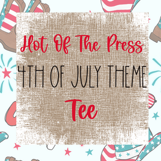 On a textured background, the text reads "Western Edge Boutique: Hot Off the Press 4th of July Theme" with a pattern of boots, hats, stars, and fireworks capturing the festive spirit of Moo America.