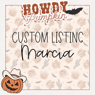 A chic decorative image showcases the text "Howdy Pumpkin" at the top with a whimsical bat illustration. Beneath that is "Custom Listing Marcia" in bold lettering, presented by Western Edge Boutique, followed by "Marcia" written in a charming handwritten style. The background is adorned with a delightful pattern of pumpkins and cacti, making it ideal for your custom duffle bag design. A quirky pumpkin donning a cowboy hat sits at the bottom left corner.