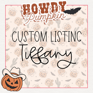 A festive Halloween-themed graphic titled "Howdy Pumpkin," crafted by Western Edge Boutique. It features handwritten-style text reading "Custom Listing Tiff" against a whimsical backdrop of pumpkins, cacti, and bats. A playful pumpkin adorned with a cowboy hat decorates the lower left corner, evoking the charm of small denim backpacks.