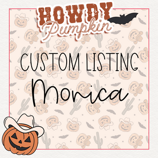 A decorative image from Western Edge Boutique named "Custom Listing Monica" displays the text "Howdy Pumpkin" at the top alongside an illustrated bat. Beneath it, "Custom Listing" is written with "Monica" in cursive. The American-inspired background features a pattern of jack-o'-lanterns, stars, and cacti, with a pumpkin wearing a cowboy hat in the bottom left corner.