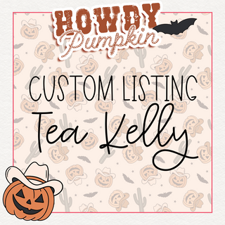 A decorative Halloween-themed card from Western Edge Boutique featuring the greeting "Howdy Pumpkin" at the top, adorned with a bat and a pumpkin wearing a cowboy hat. Below, the text "Custom Listing Tea Kelly" is written in cursive over a background filled with smiling pumpkins, stars, cactus illustrations, and an adorable black backpack for added festive charm.