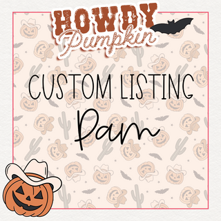 A square graphic featuring the text "Howdy Pumpkin" at the top, showcases a bat and a festive background filled with jack-o'-lanterns, cacti, and bats. Beneath the headline "Custom Listing Pam" from Western Edge Boutique, you'll find a cheerful jack-o'-lantern sporting a cowboy hat in the bottom left corner. The entire design exudes classic stars tee vibes!