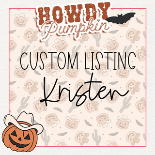 The Western Edge Boutique offers a decorative Halloween-themed image featuring the text "Howdy Pumpkin" at the top and a bat graphic. Below, it showcases the product name "Custom Listing Kristen" on a background adorned with carved pumpkins, cacti, and bats in a cream and brown check pattern. A whimsical touch includes a pumpkin wearing a cowboy hat in the bottom left corner.