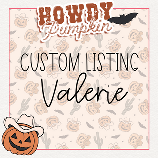 A whimsical Halloween-themed decorative image. The text reads "Howdy Pumpkin, Custom Listing Valerie" against a backdrop of jack-o'-lanterns, cacti, and bats. Adding a touch of Western charm, a cowboy hat-wearing pumpkin graces the bottom left corner—ideal for pairing with your $5 stars tee or cozy PJ set from Western Edge Boutique.