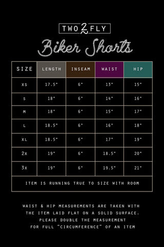 Size chart for Chillville Highlighter Biker Shorts from Western Edge Boutique. Sizes XS to 3X are listed with measurements in inches for Length, Inseam, Waist, and Hip. Note: The item runs true to size with comfy stretch material; double measurements for full circumference.