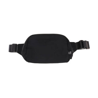 A Large C.C Fanny Pack from C.C Beanie, featuring an adjustable strap and plastic buckle closure. This black bag has a minimalist design, perfect for on-the-go essentials, with no visible logos or decorative elements. The main compartment includes a zippered closure, making it ideal for hands-free travel. Model number BGS4398.