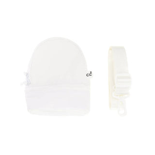 A versatile mini bag, the Mini Sling C.C Bag by C.C Beanie is a small white accessory pouch featuring a zipper and a stitched "c.c" tag. It comes with a detachable white strap equipped with a swivel hook clasp. With its rounded top and flat base, it's perfect for on-the-go convenience.