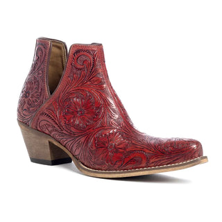 The Moxie Hand-tooled Booties in Scarlet by Myra exhibit an exquisite blend of craftsmanship and style, featuring intricate floral patterns on red leather. These Western booties boast a wooden block heel, an almond-shaped toe, and stylish cutout sides.